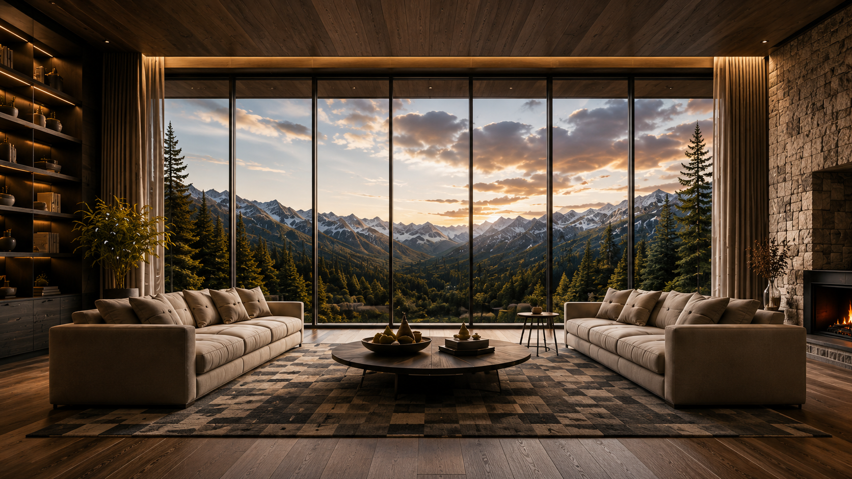 Bright mountain residence living room with panoramic views of sunlit peaks